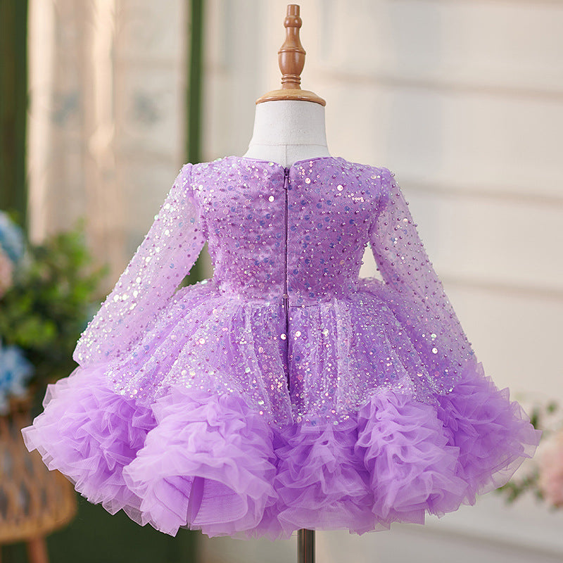 Robe Bébé Fille Lilas à Volants, Manches Longues, Nœud Papillon, Longueur Genou