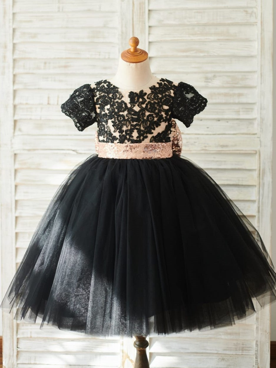 Robe Élégante Noire en Dentelle et Tulle Pailleté Jusqu'Aux Genoux pour Fille