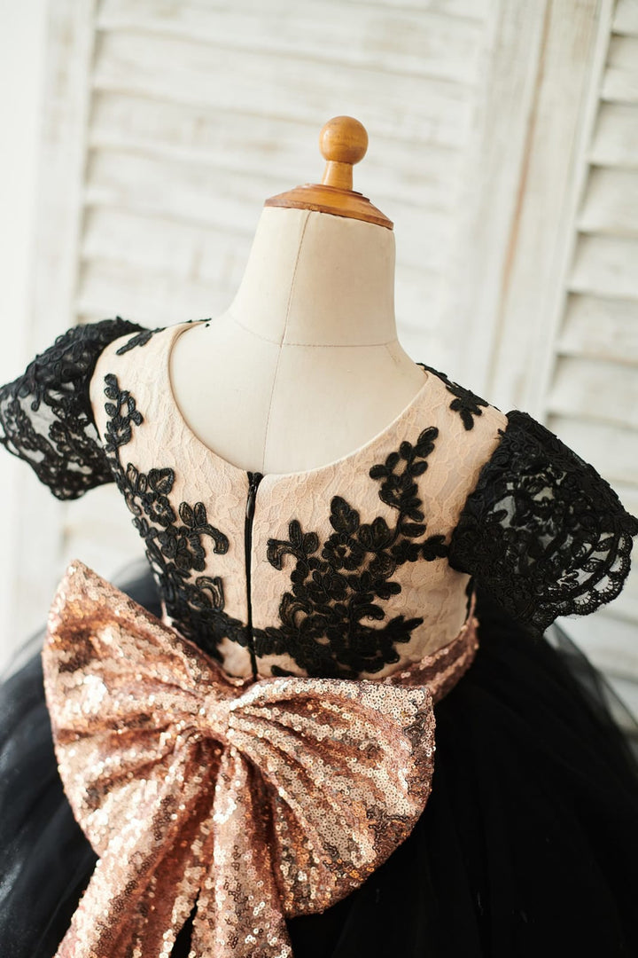 Robe Élégante Noire en Dentelle et Tulle Pailleté Jusqu'Aux Genoux pour Fille