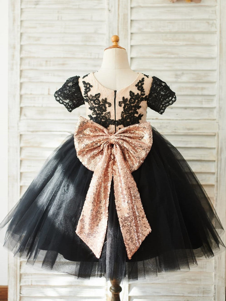 Robe Élégante Noire en Dentelle et Tulle Pailleté Jusqu'Aux Genoux pour Fille