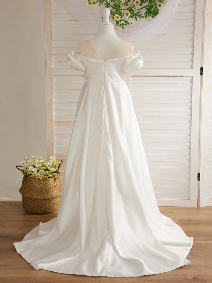 Robe de Demoiselle D'Honneur en Satin Ivoire à Traîne Longue