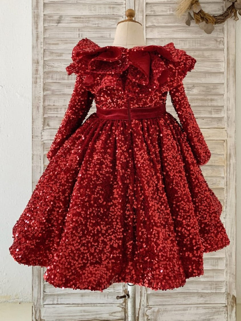 Robe Fille Bordeaux à Paillettes en Velours Longueur Genou