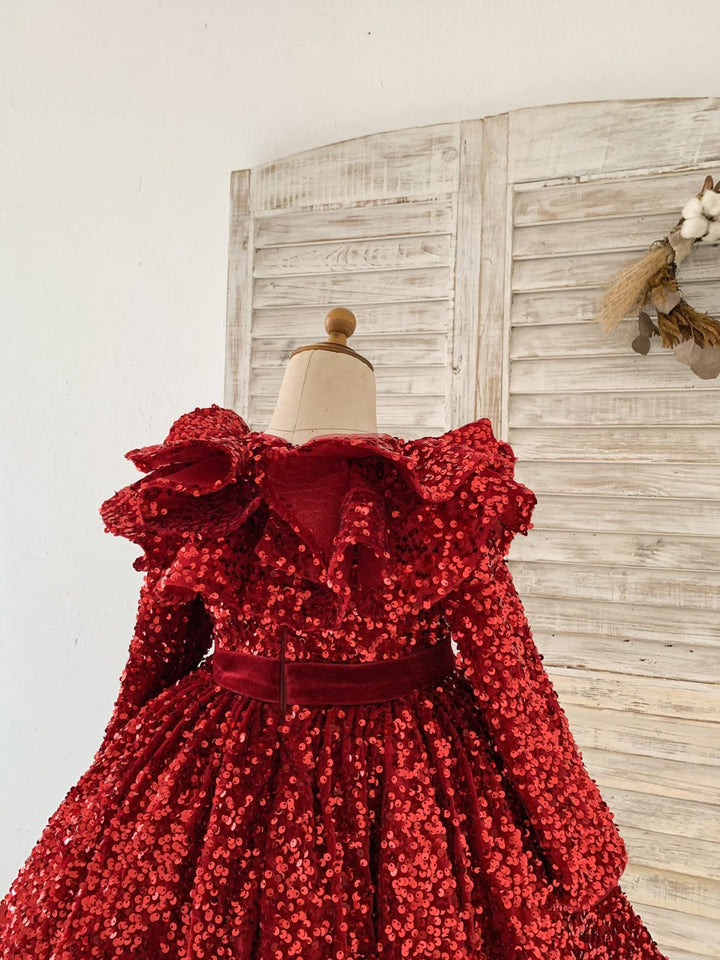 Robe Fille Bordeaux à Paillettes en Velours Longueur Genou