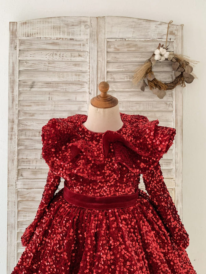 Robe Fille Bordeaux à Paillettes en Velours Longueur Genou