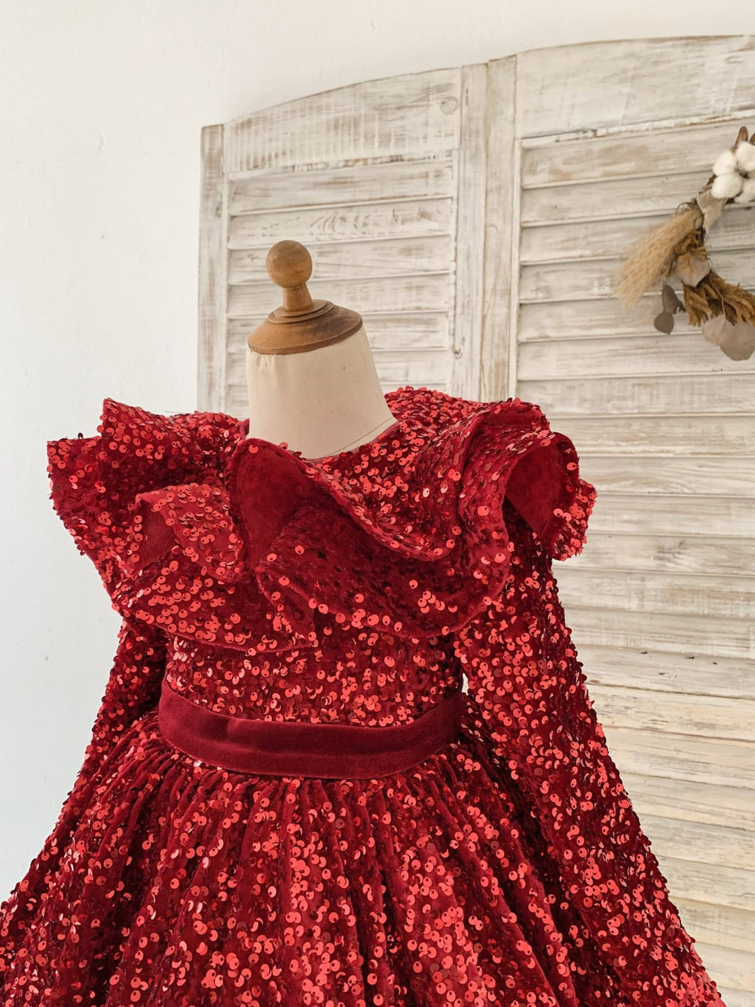 Robe Fille Bordeaux à Paillettes en Velours Longueur Genou