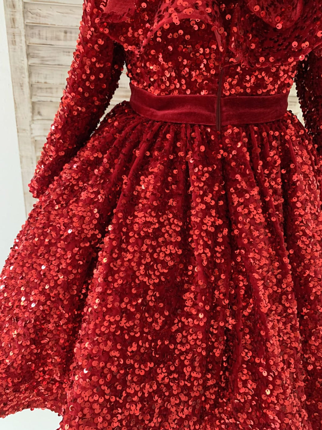 Robe Fille Bordeaux à Paillettes en Velours Longueur Genou