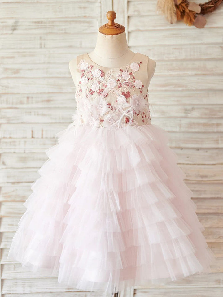 Robe de Bal/Princesse en Tulle Satiné Longueur Genou Rose pour Fille