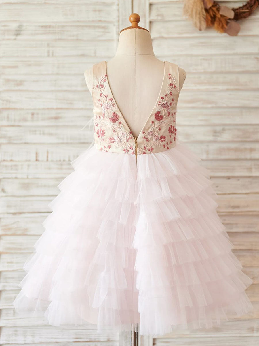Robe de Bal/Princesse en Tulle Satiné Longueur Genou Rose pour Fille