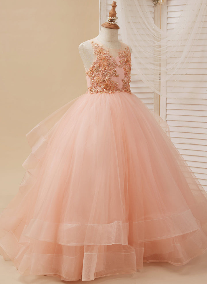 Robe de Bal/Princesse en Tulle Rose à Traîne pour Fille