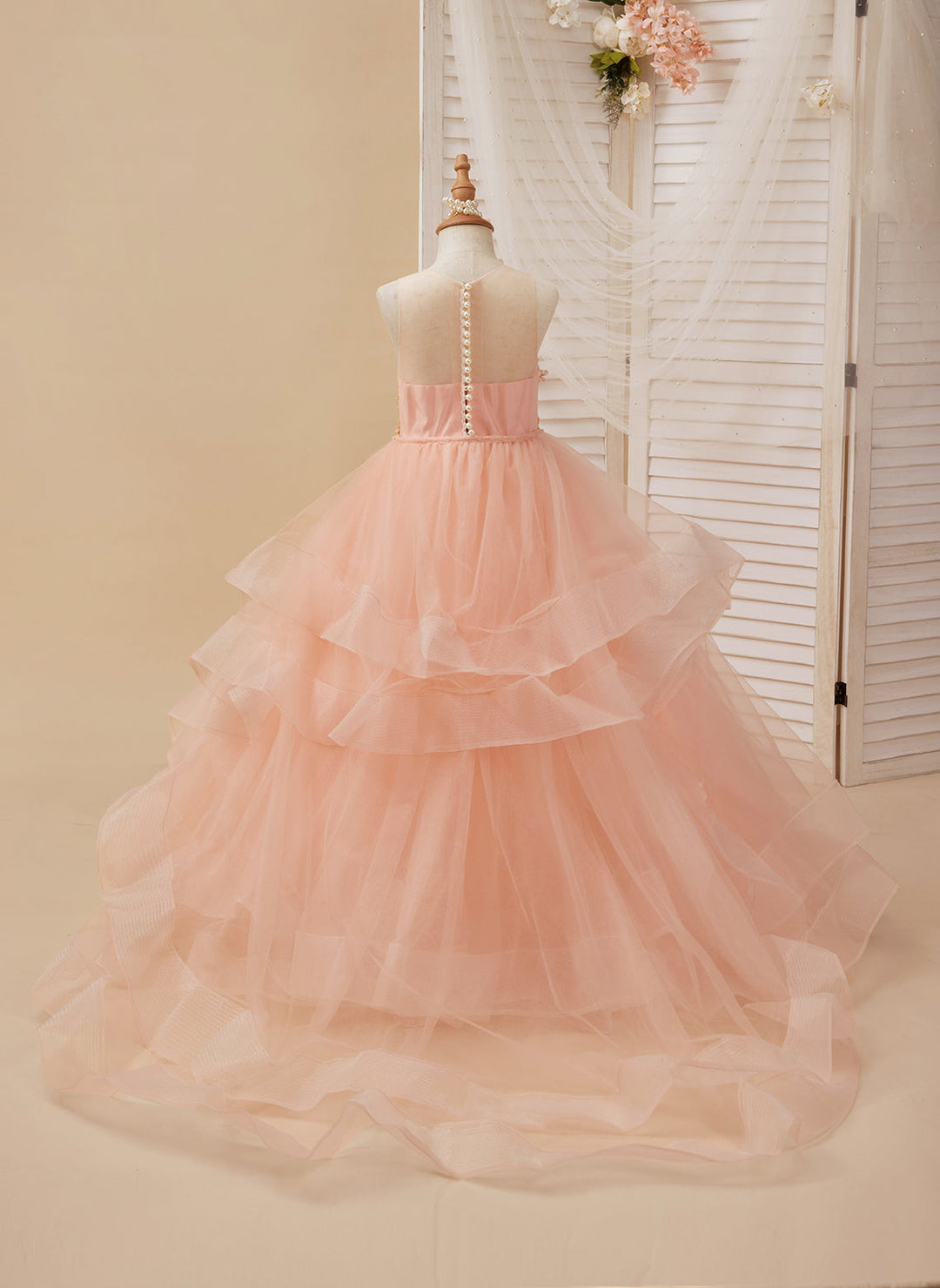 Robe de Bal/Princesse en Tulle Rose à Traîne pour Fille