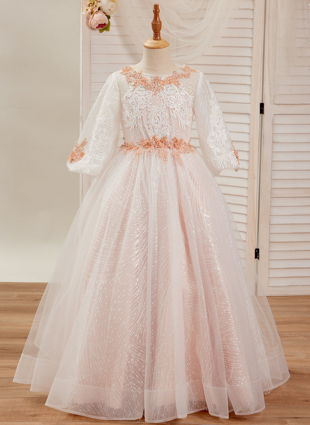 Robe de Bal/Princesse en Tulle et Dentelle Rose Longue Au Sol