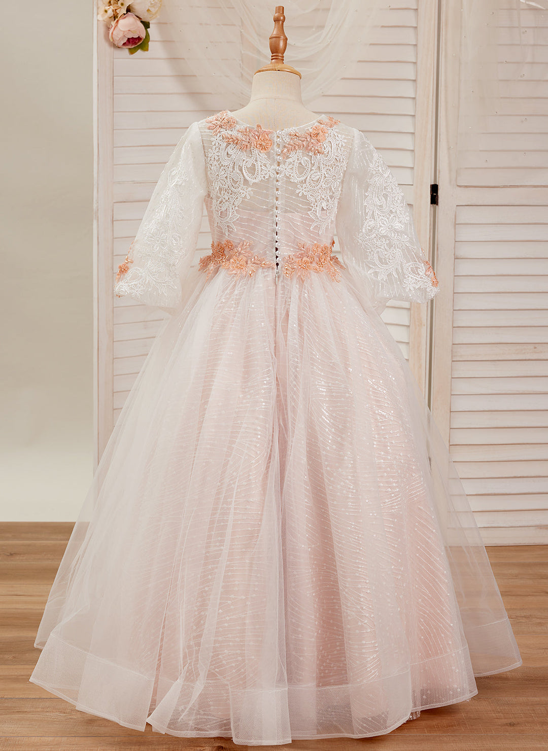 Robe de Bal/Princesse en Tulle et Dentelle Rose Longue Au Sol