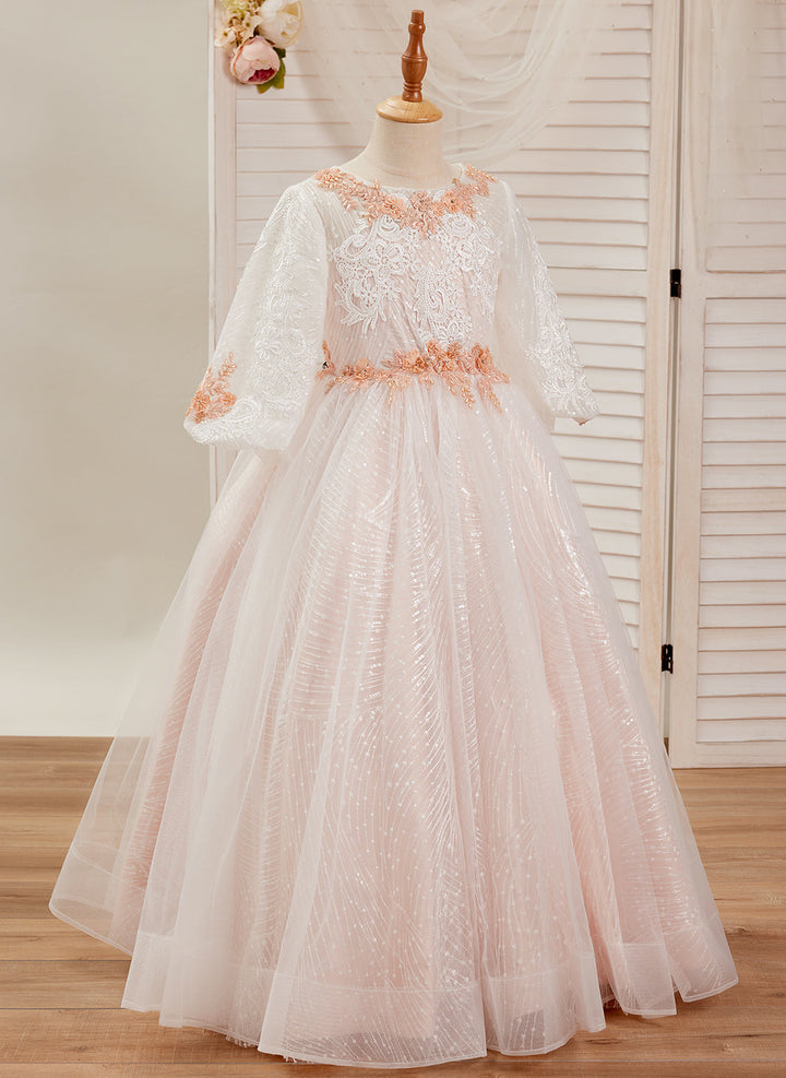 Robe de Bal/Princesse en Tulle et Dentelle Rose Longue Au Sol