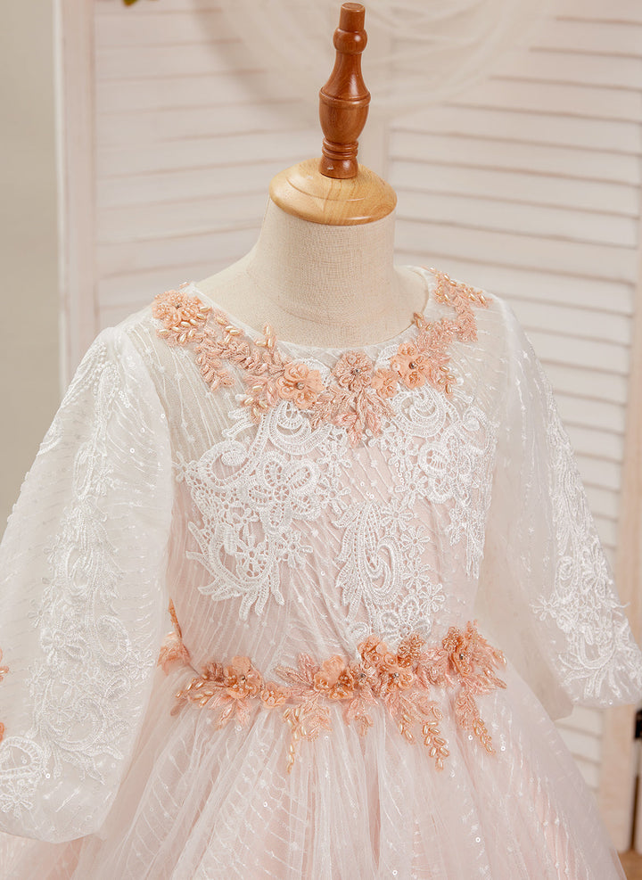 Robe de Bal/Princesse en Tulle et Dentelle Rose Longue Au Sol