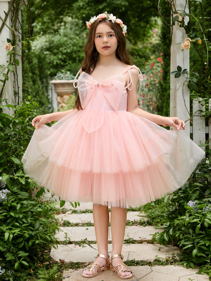 Robe Trapèze en Tulle Rose Perle Jusqu'Aux Genoux