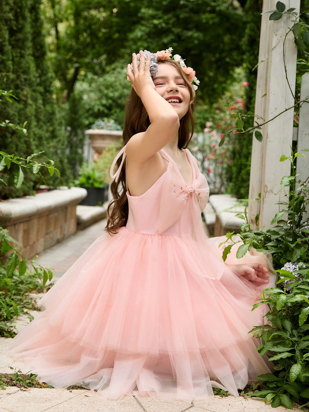 Robe Trapèze en Tulle Rose Perle Jusqu'Aux Genoux