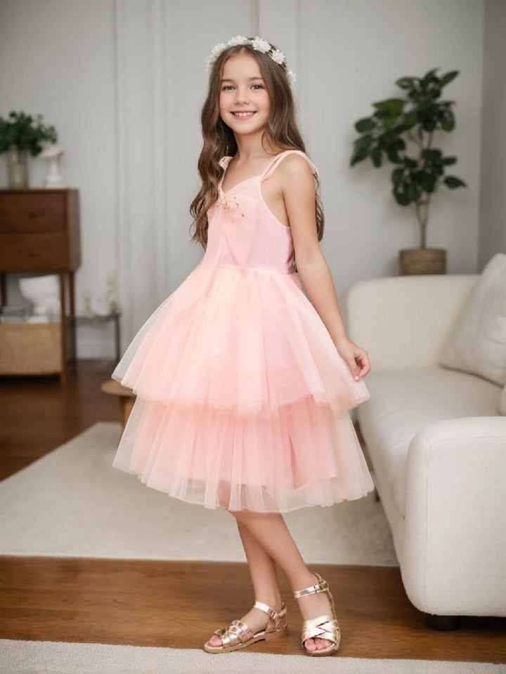 Robe Trapèze en Tulle Rose Perle Jusqu'Aux Genoux