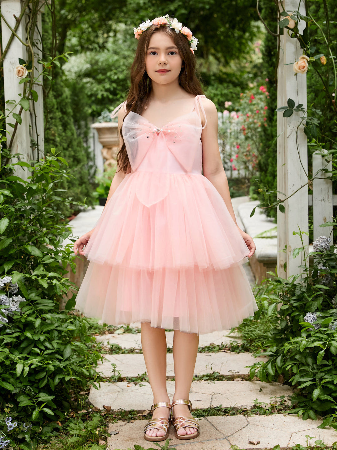 Robe Trapèze en Tulle Rose Perle Jusqu'Aux Genoux