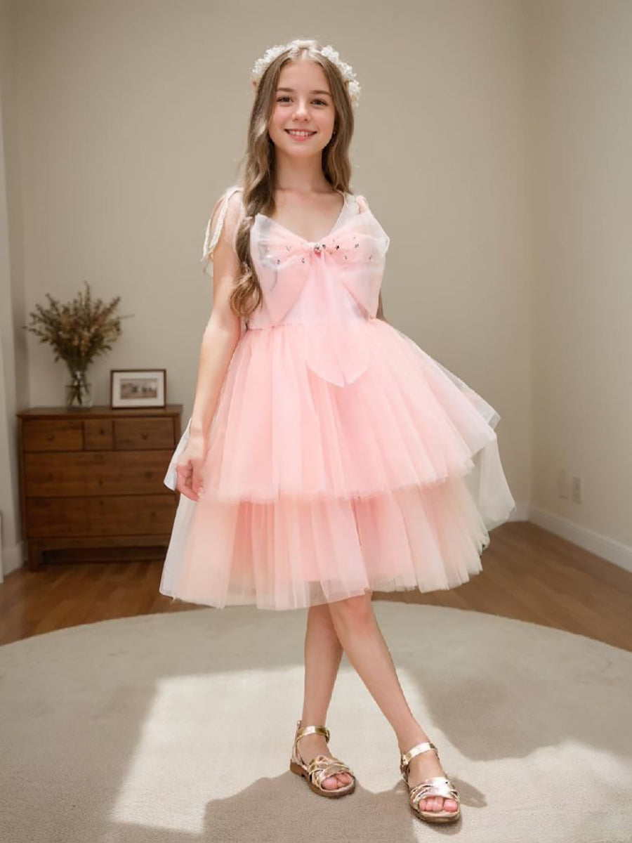 Robe Trapèze en Tulle Rose Perle Jusqu'Aux Genoux
