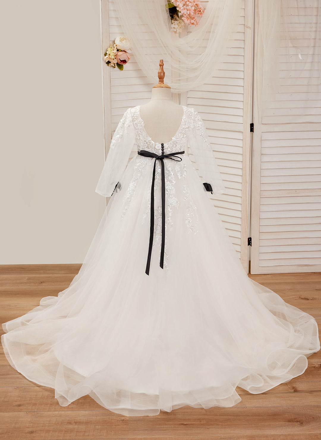 Robe de Demoiselle D'Honneur de Première Communion en Tulle Ivoire Coupe A avec Traîne