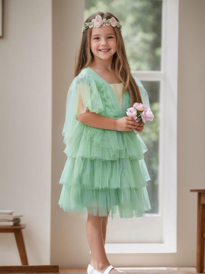 Robe de Demoiselle D'Honneur Élégante en Tulle Vert avec Motif Féerique Du Jardin Enchanté
