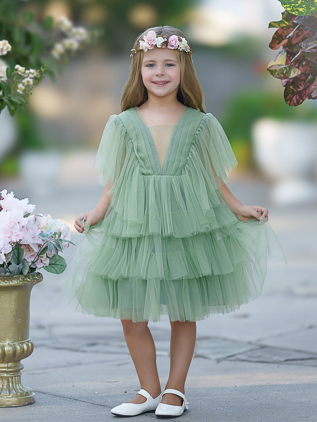 Robe de Demoiselle D'Honneur Élégante en Tulle Vert avec Motif Féerique Du Jardin Enchanté