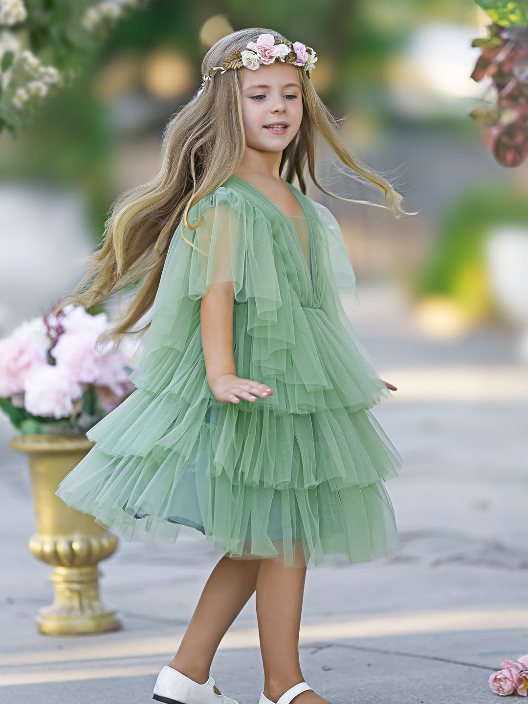 Robe de Demoiselle D'Honneur Élégante en Tulle Vert avec Motif Féerique Du Jardin Enchanté