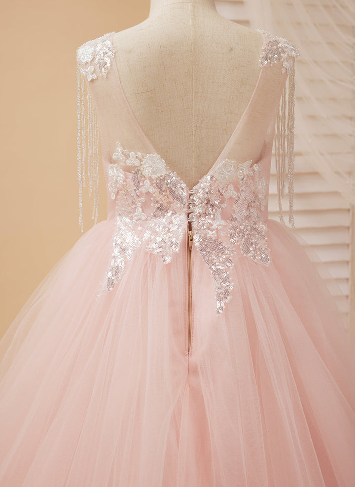Robe de Bal/Princesse en Satin et Tulle Rose Longue Au Sol pour Fille