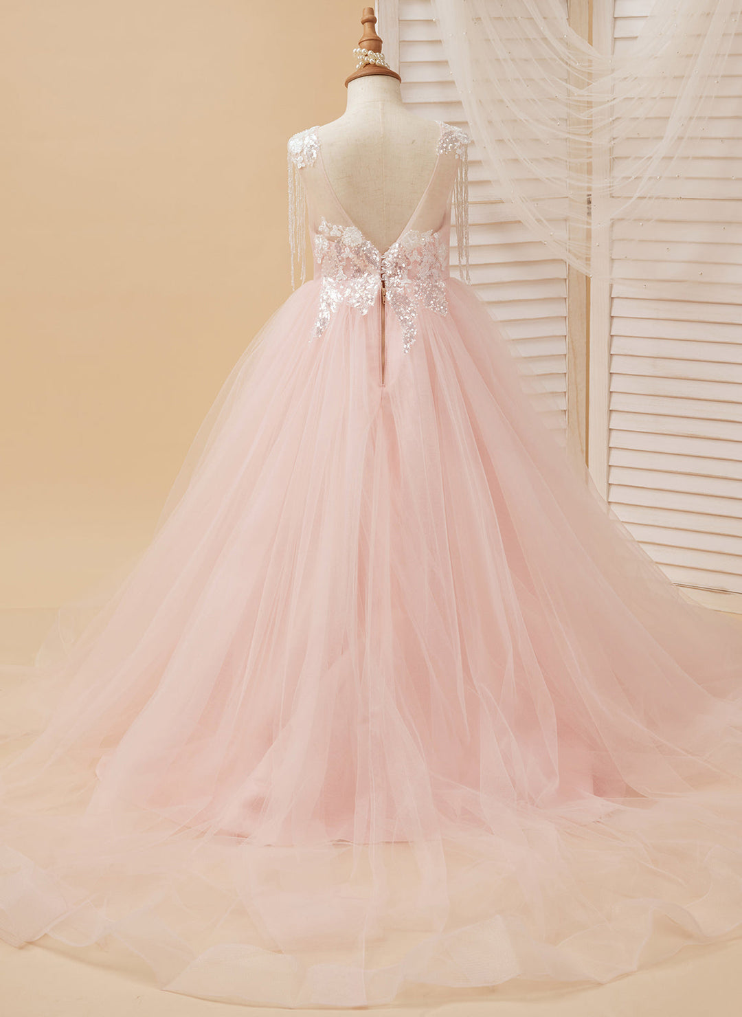 Robe de Bal/Princesse en Satin et Tulle Rose Longue Au Sol pour Fille