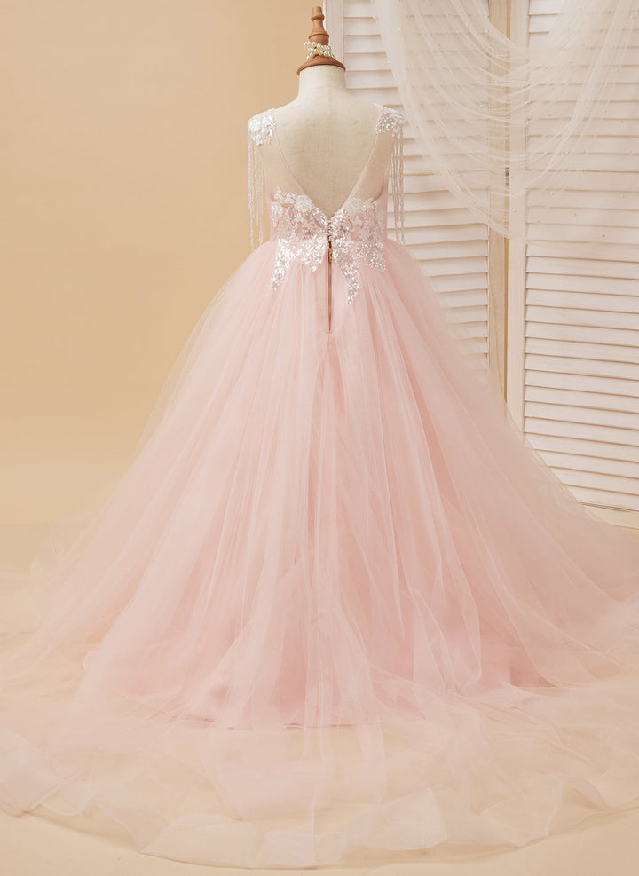 Robe de Bal/Princesse en Satin et Tulle Rose Longue Au Sol pour Fille