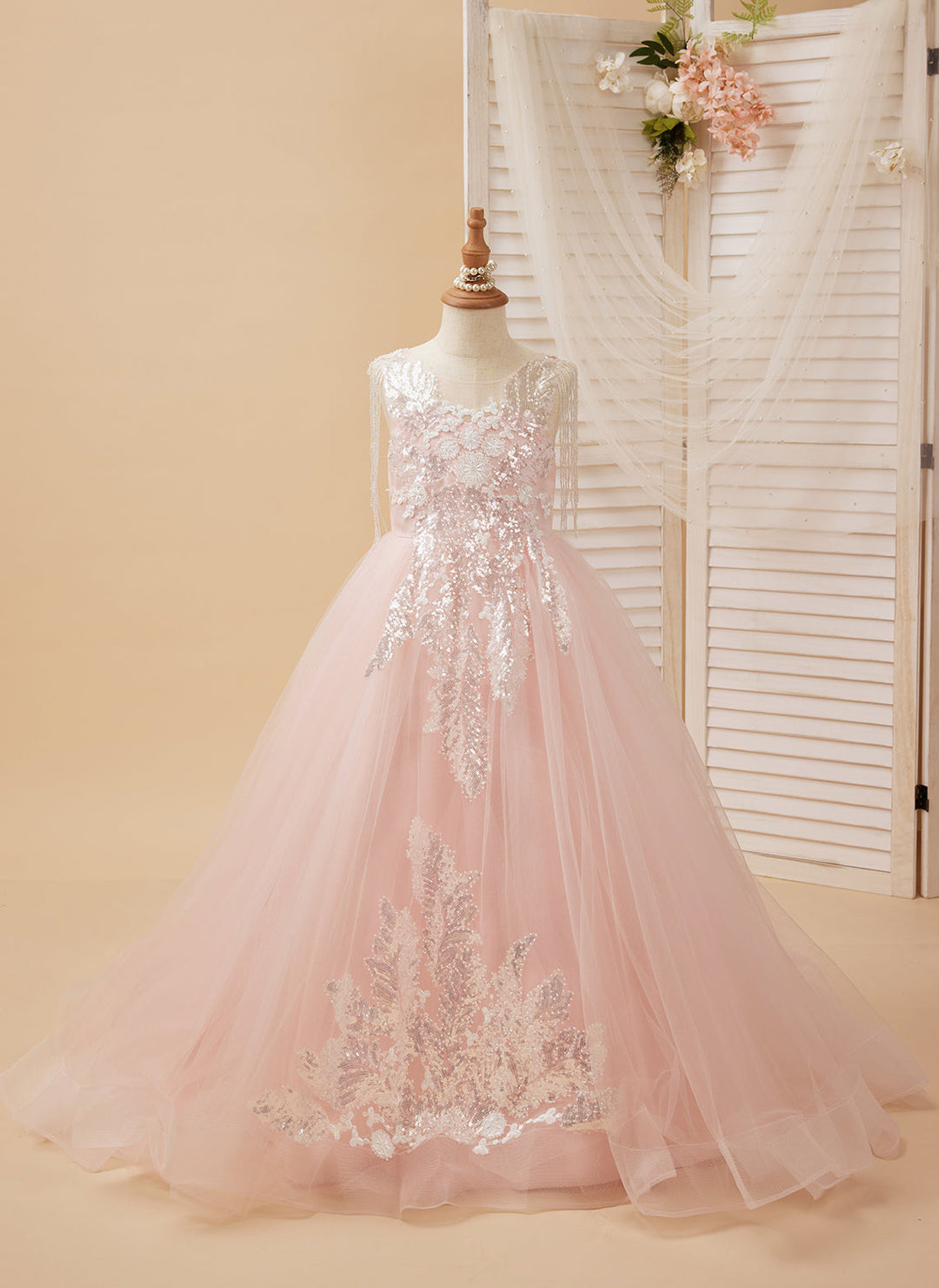 Robe de Bal/Princesse en Satin et Tulle Rose Longue Au Sol pour Fille