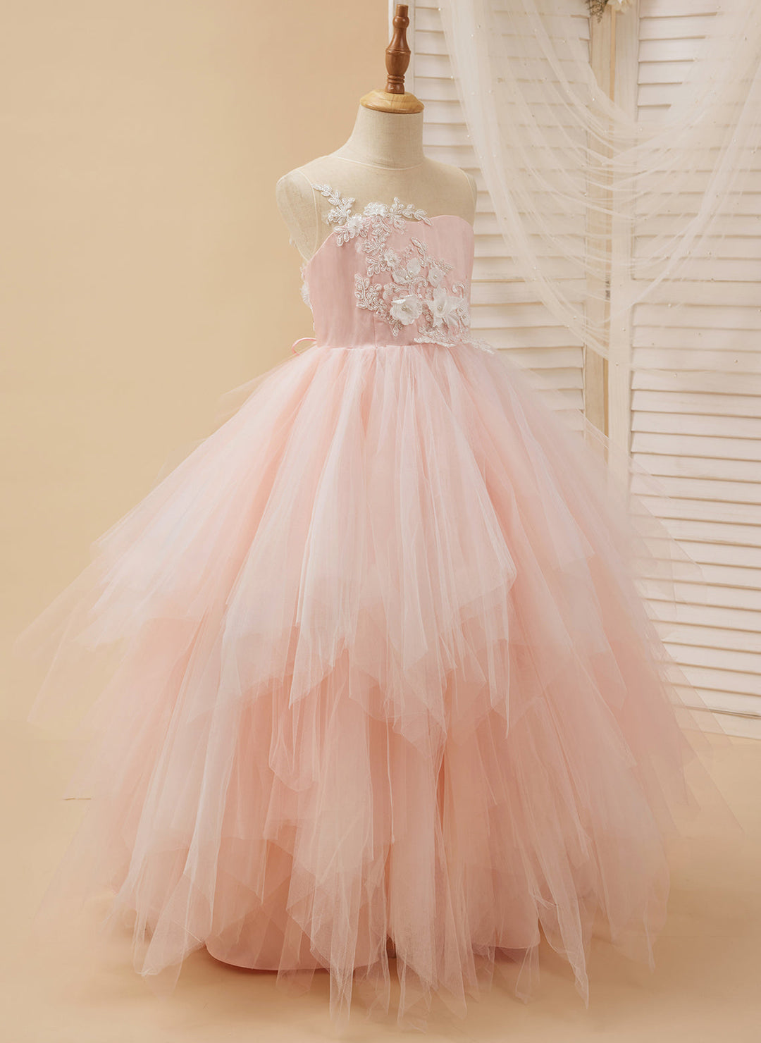 Robe de Bal/Princesse en Tulle et Dentelle Rose Longue Au Sol