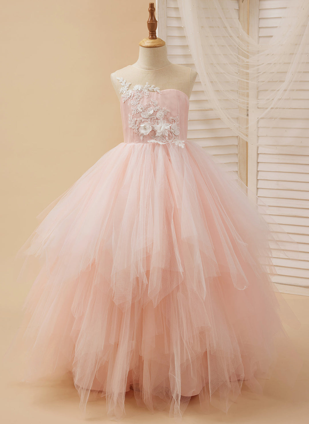 Robe de Bal/Princesse en Tulle et Dentelle Rose Longue Au Sol