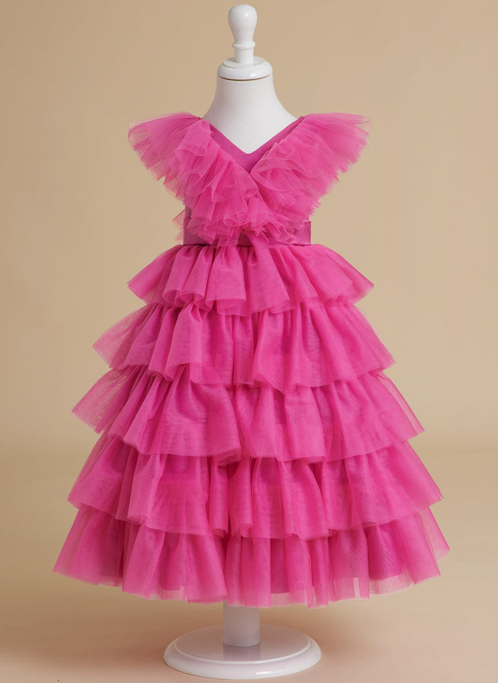 Robe de Bal/Princesse Rose Sans Manches en Tulle pour Fille avec Volants