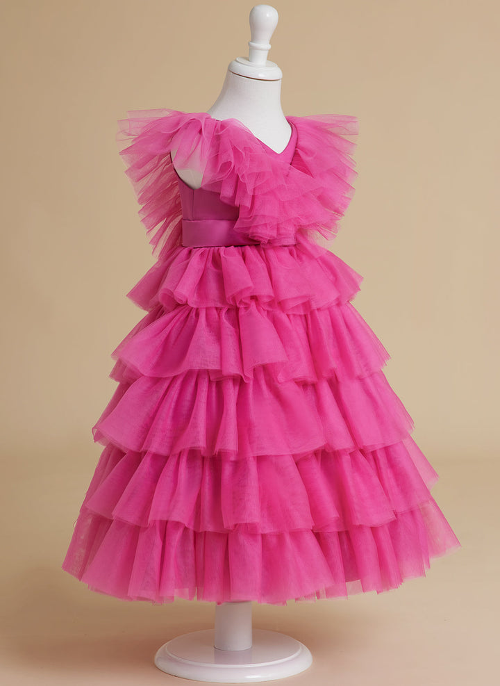 Robe de Bal/Princesse Rose Sans Manches en Tulle pour Fille avec Volants