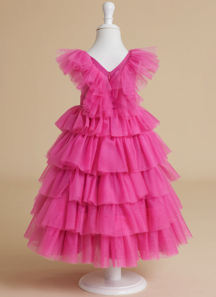 Robe de Bal/Princesse Rose Sans Manches en Tulle pour Fille avec Volants