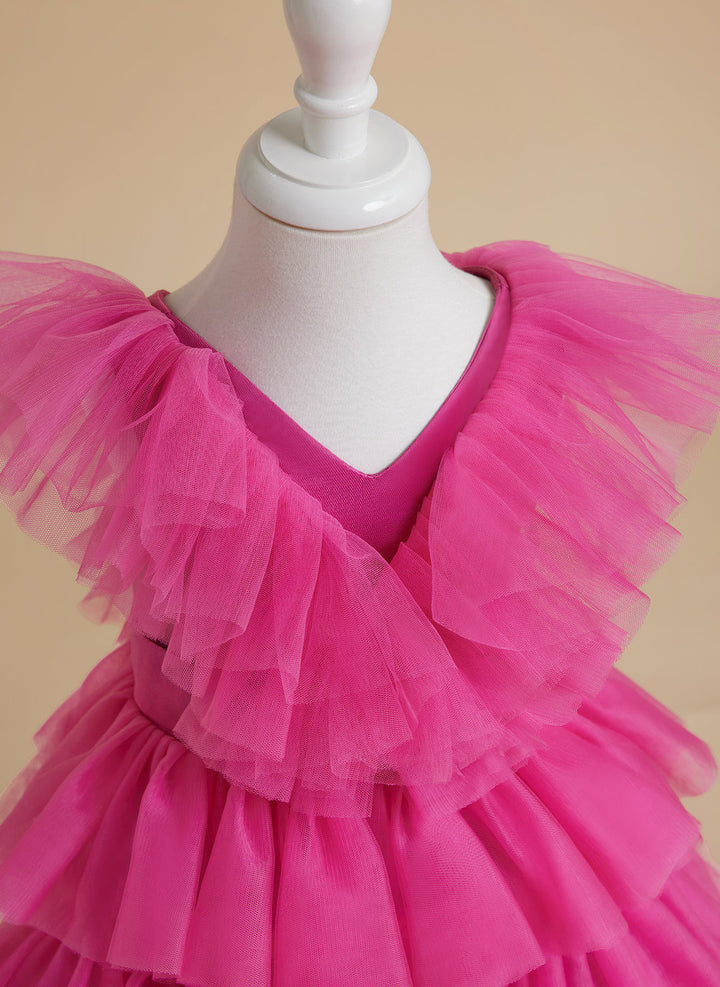 Robe de Bal/Princesse Rose Sans Manches en Tulle pour Fille avec Volants