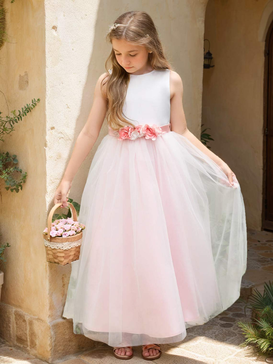 Robe de Demoiselle D'Honneur en Tulle Satiné à Fleurs 3D Coupe A Longueur Cheville