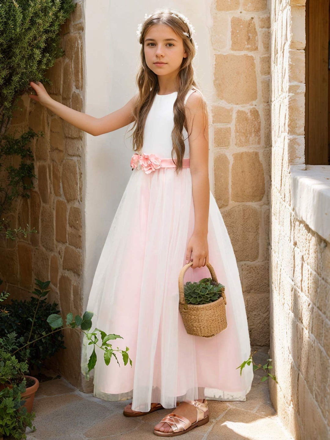 Robe de Demoiselle D'Honneur en Tulle Satiné à Fleurs 3D Coupe A Longueur Cheville