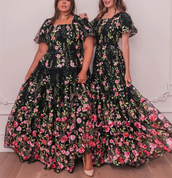 Robe de Soirée Formelle à Fleurs, Coupe A-Line/Princesse, Col en V, Manches Courtes, Motif Floral