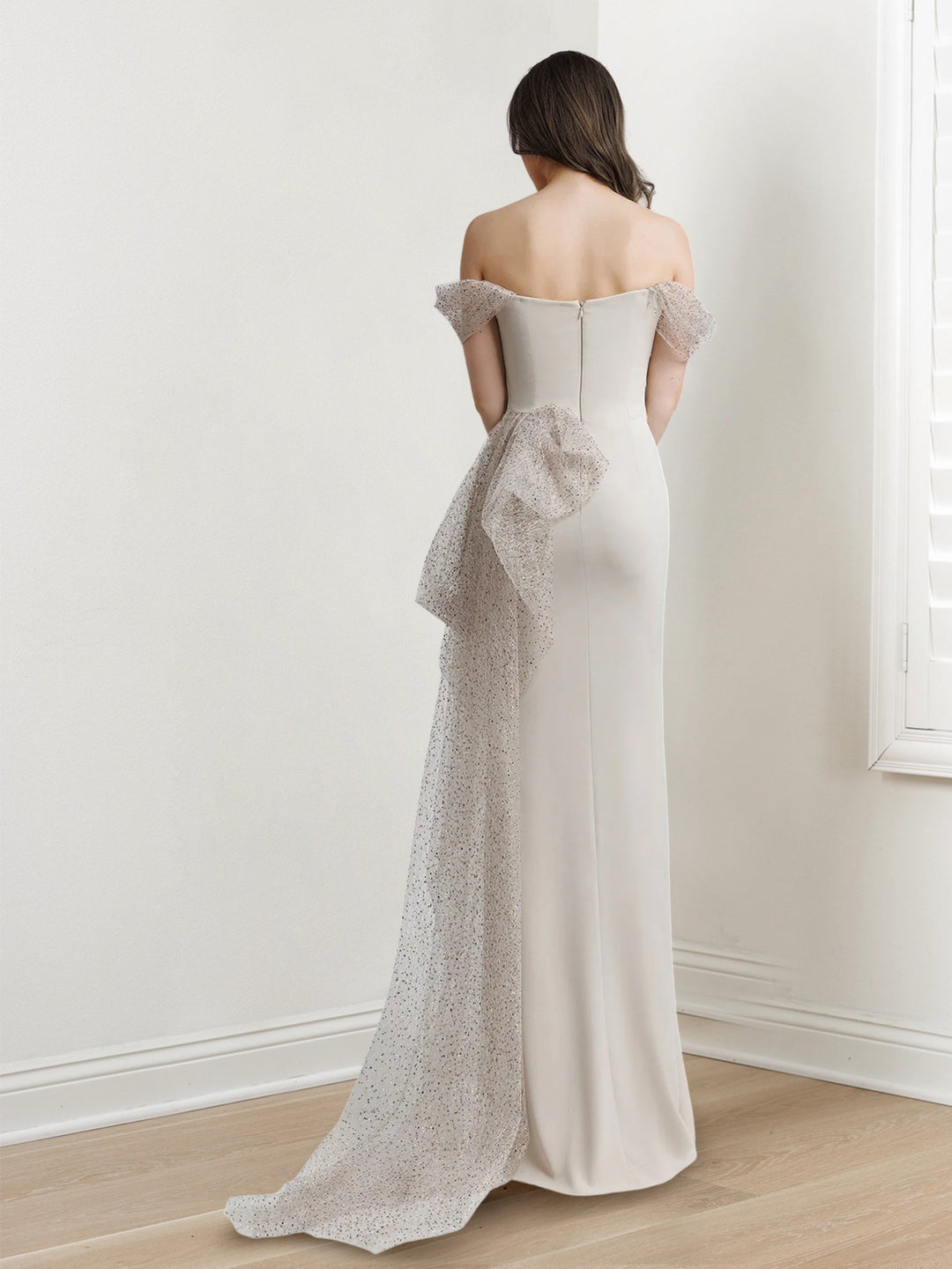 Robe de Soirée Longue Fourreau/Colonne à Épaules Dénudées et Manches Courtes, Longueur Au Sol, avec Fente Sur le Côté