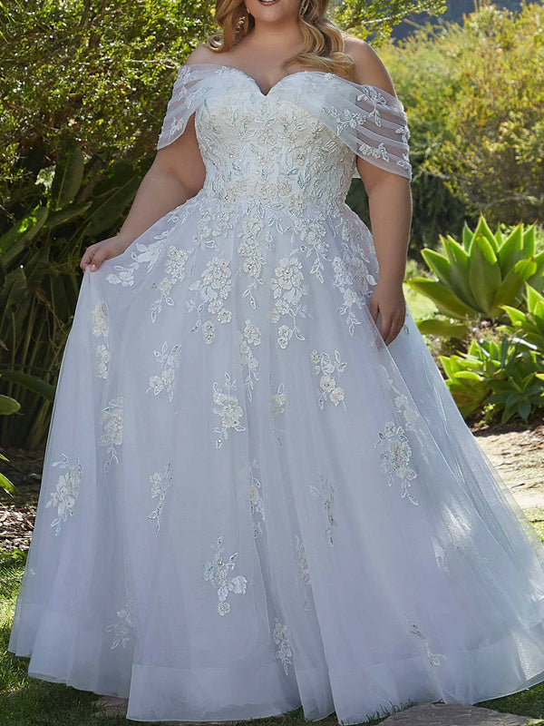 Robe de Mariée Trapèze/Princesse en Tulle Sans Manches à Épaules Dénudées et Traîne avec Dentelle