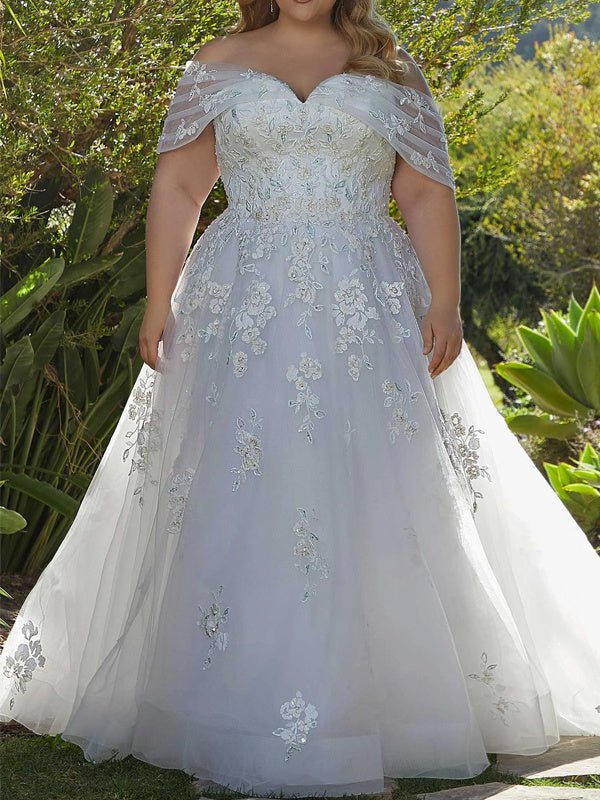 Robe de Mariée Trapèze/Princesse en Tulle Sans Manches à Épaules Dénudées et Traîne avec Dentelle