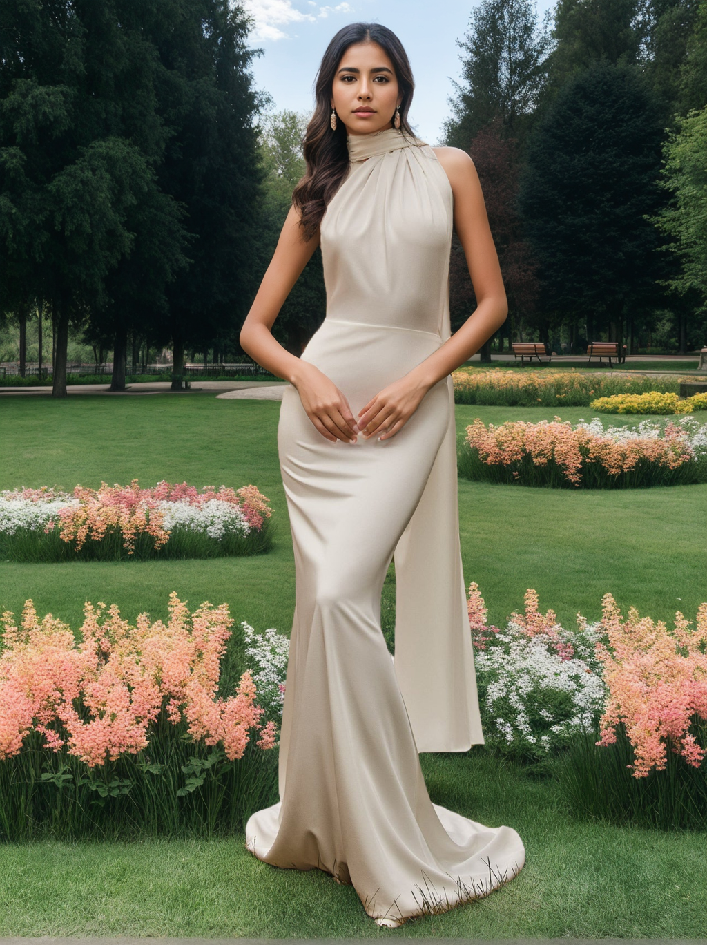 Robe de Mariée Sirène/Trompette à Col Haut et Épaules Dénudées, Sans Manches, Longueur Au Sol, avec Volants