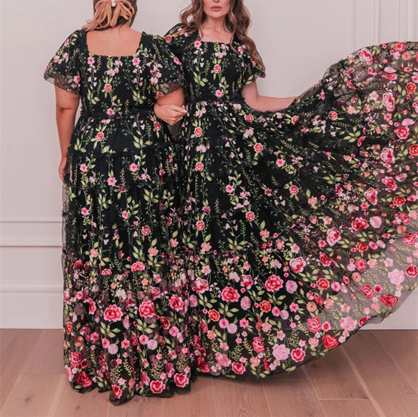Robe de Soirée Formelle à Fleurs, Coupe A-Line/Princesse, Col en V, Manches Courtes, Motif Floral
