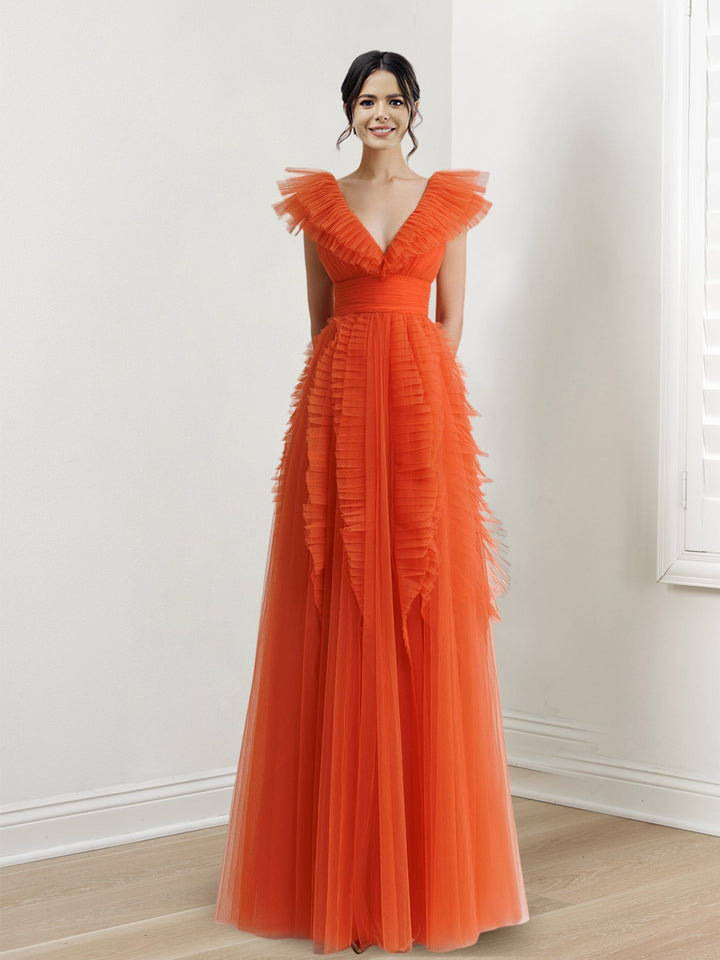 Robe de Bal Longue à Volants, Coupe A-Line/Princesse, Col en V, Sans Manches, Longueur Au Sol