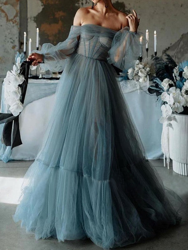 Robe de Bal en Tulle à Épaules Dénudées, Coupe A-Line/Princess, Longueur Au Sol, Décolleté en Cœur