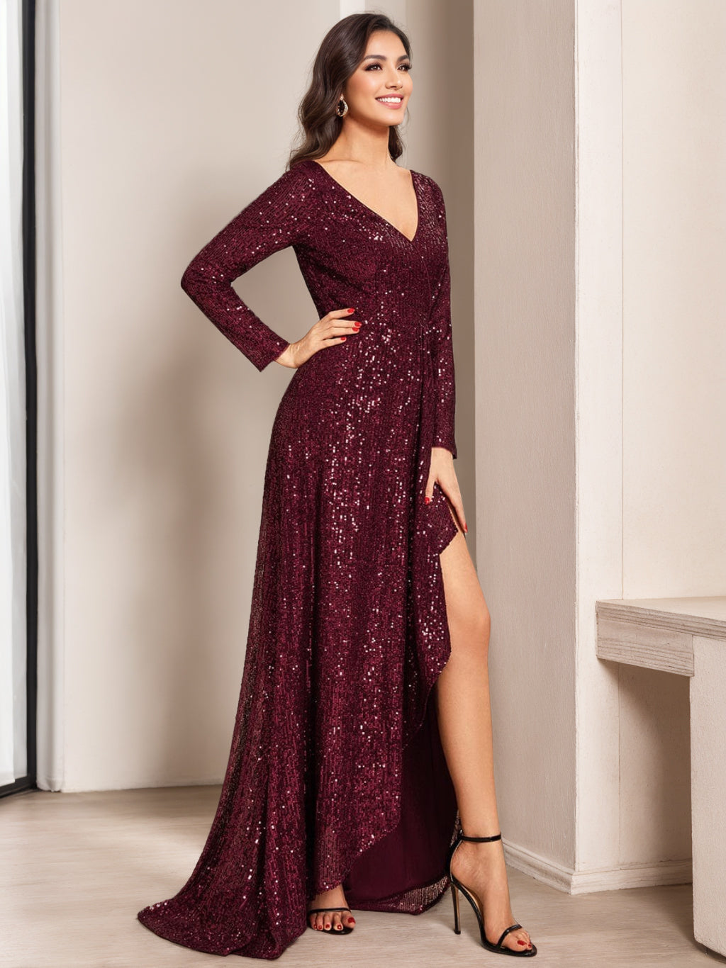 Robe de Soirée Asymétrique à Manches Longues et Col en V, Coupe A-Line/Princesse, avec Paillettes