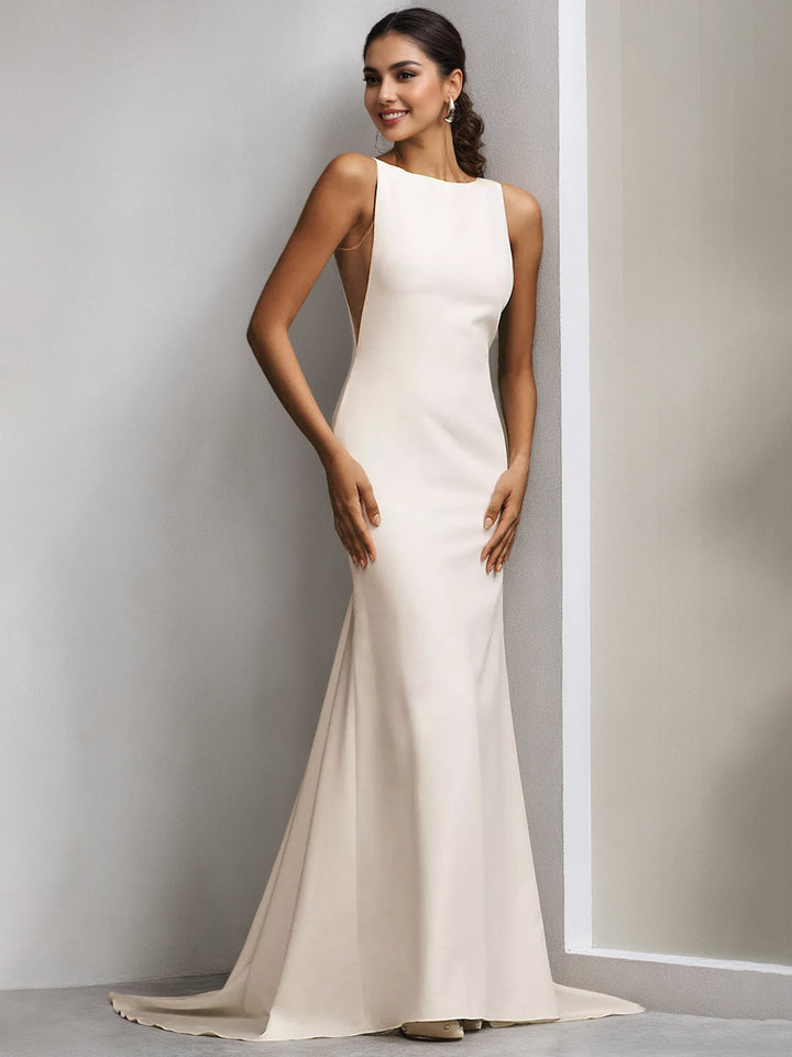 Robe de Mariée Élégante Minimaliste à Col Haut Sans Manches et Longueur Au Sol