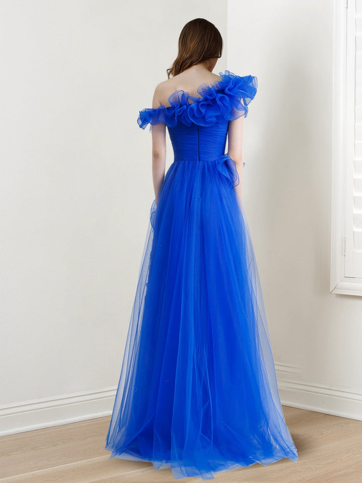 Robe de Bal Longue à Volants, Coupe A-Line/Princess, Asymétrique, Sans Manches, Longueur Au Sol